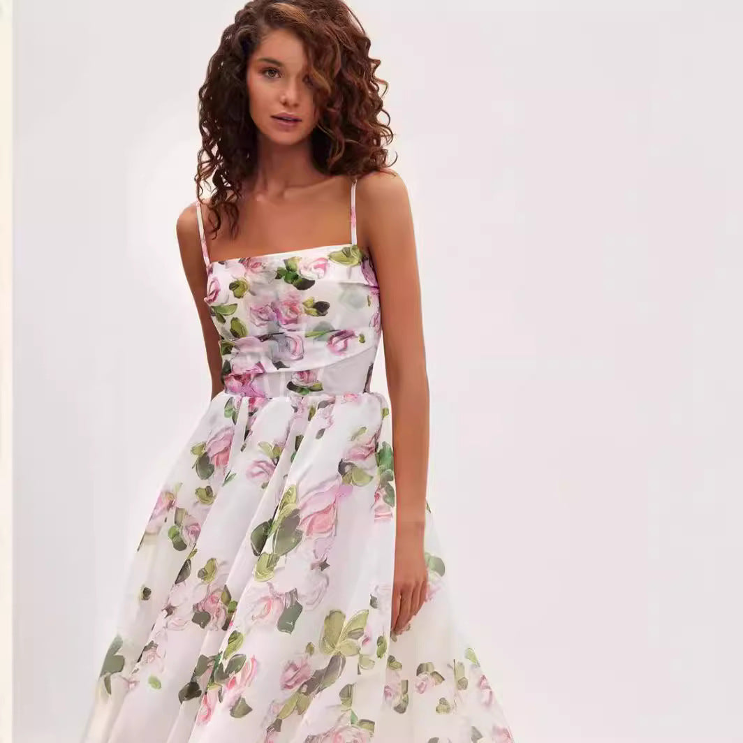 Damen Midi-Kleid Floralmuster Chiffon Taillengürtel