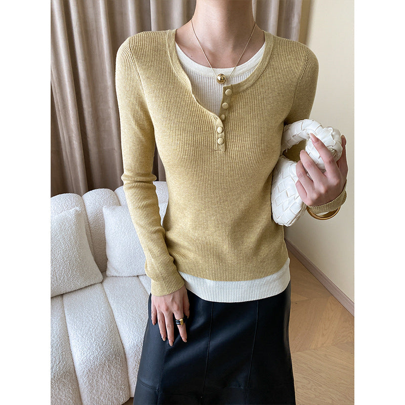 Damen Langarmshirt V-Ausschnitt Knopfdetails Weiße oder Dunkle Farben