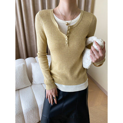 Damen Langarmshirt V-Ausschnitt Knopfdetails Weiße oder Dunkle Farben