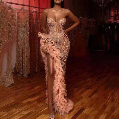 Damen Abendkleid Figurbetont Perlen Rüschendetails Eveloria