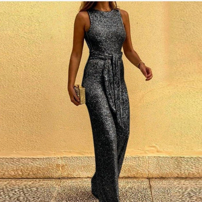 Damen Maxikleid Glänzende Pailletten Elegante Taillenbindung
