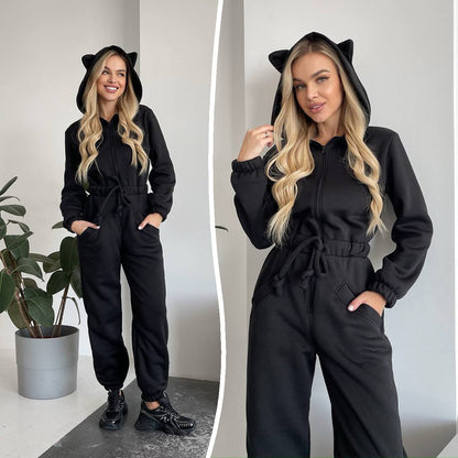 Damen Jumpsuit Kuschelig Känguru-Taschen Tierohren Grau