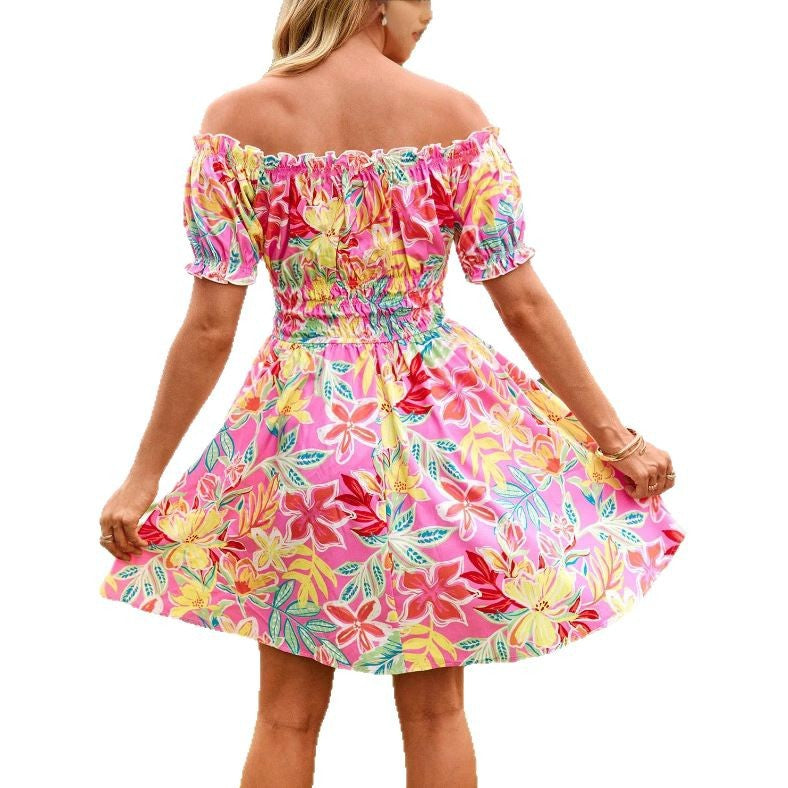 Damen Off-Shoulder Sommerkleid Florales Design Rüschenelemente