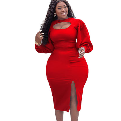 Damen Midi-Kleid Raffinierter Ausschnitt Puffärmel Eveloria