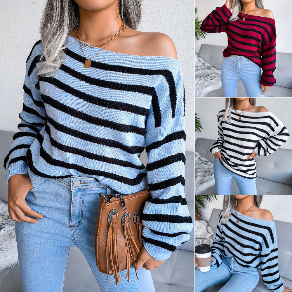 Damen Streifenpullover Off-Shoulder Lässiger Schnitt Eveloria - Eveloria