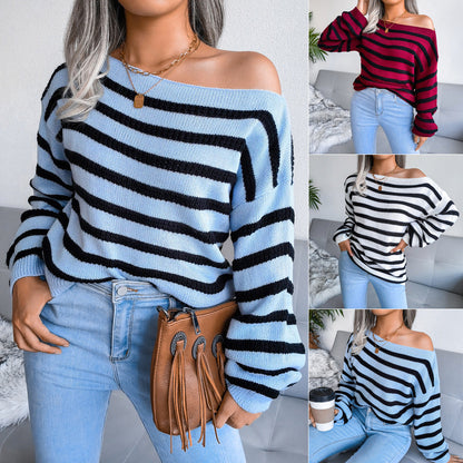 Damen Streifenpullover Off-Shoulder Lässiger Schnitt Eveloria - Eveloria
