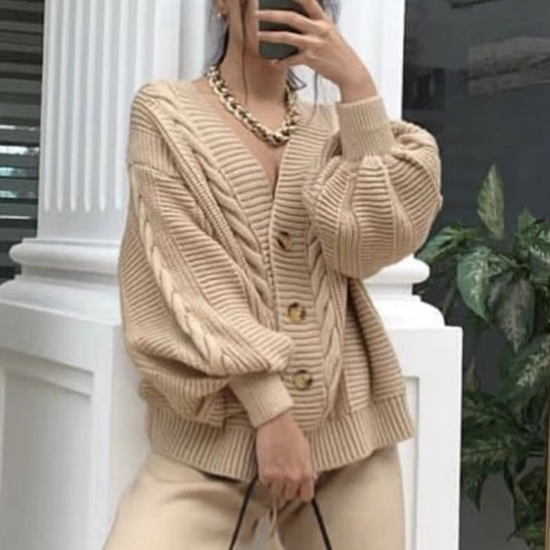 Damen Grobstrick Cardigan Voluminöse Ärmel Große Knöpfe Eveloria