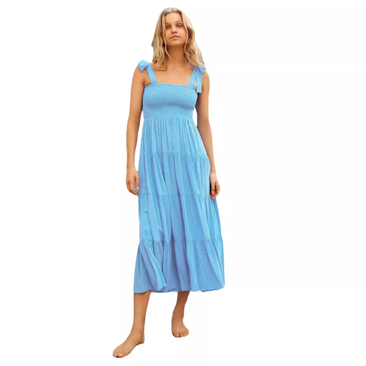 Damen Maxikleid Luftig Rüschendetails Spaghettiträger Eveloria