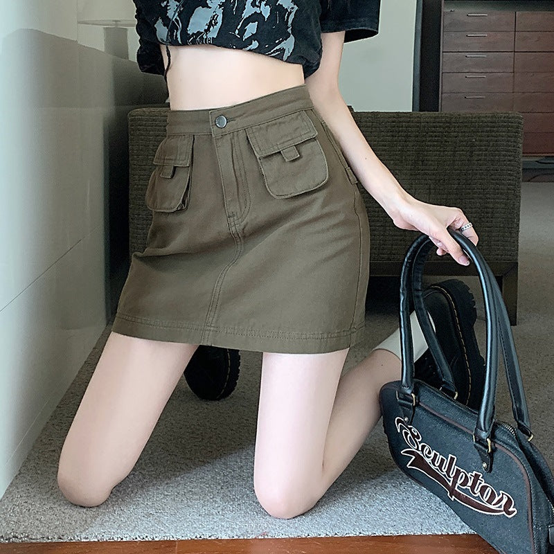 Damen Cargo-Rock Utility-Stil Taschen Beige