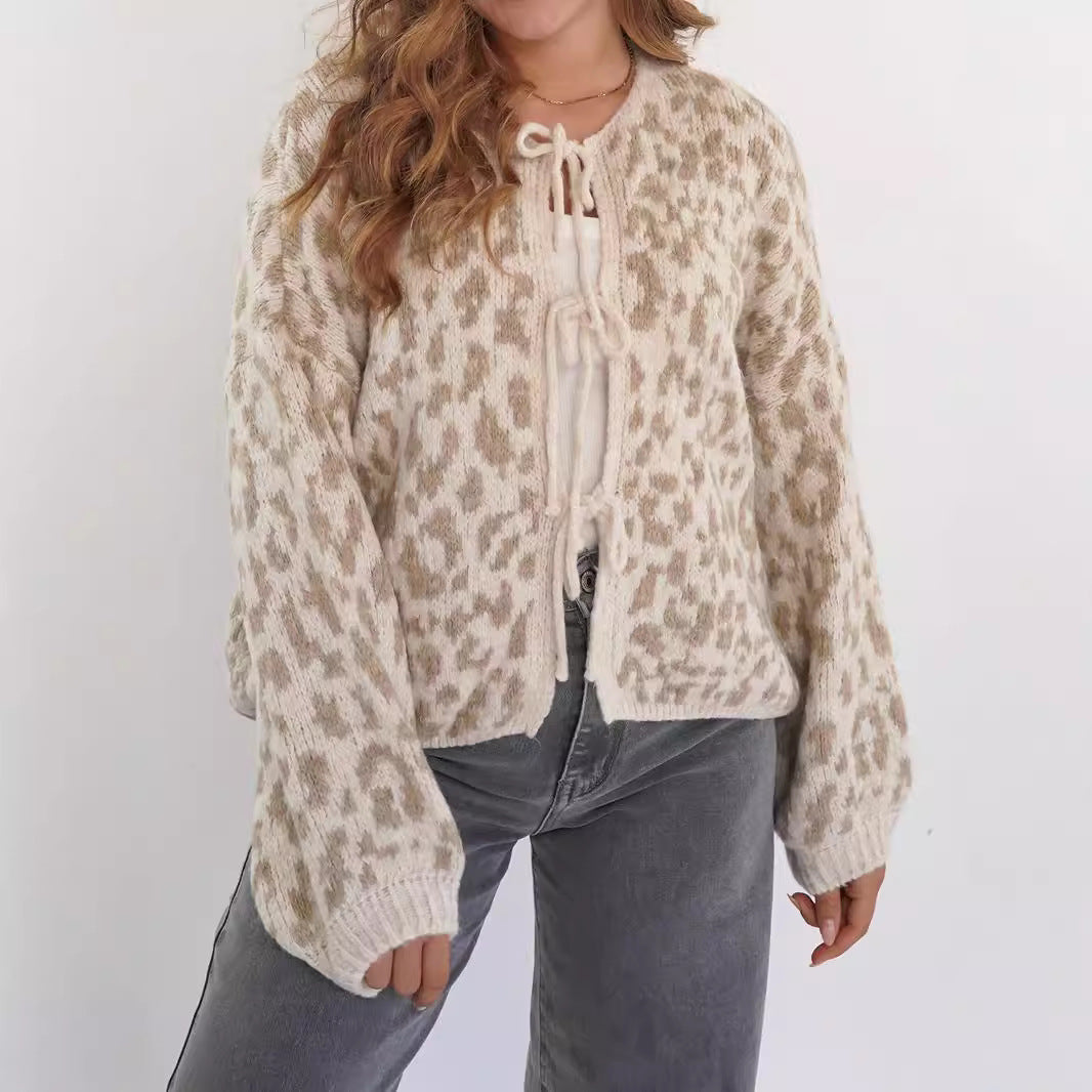 Damen Cardigan Tiermuster Elegant Bindebanddetails
