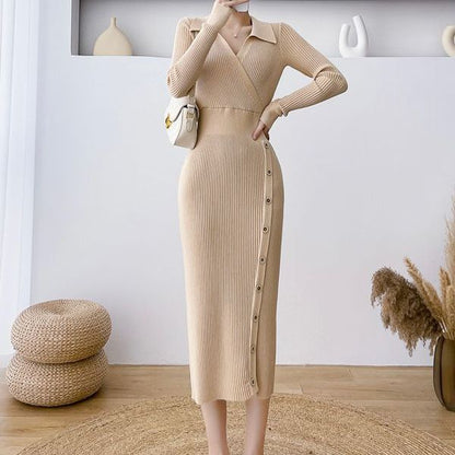Damen Strickkleid Wickeloptik Knöpfe Eveloria