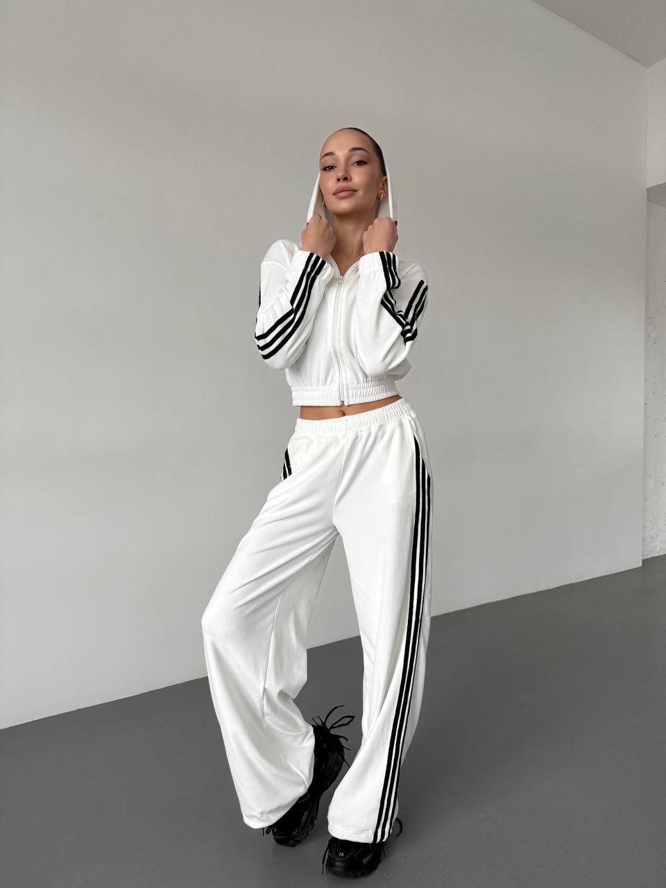 Damen Fleece Sportanzug Cropped Jacke Weite Hose