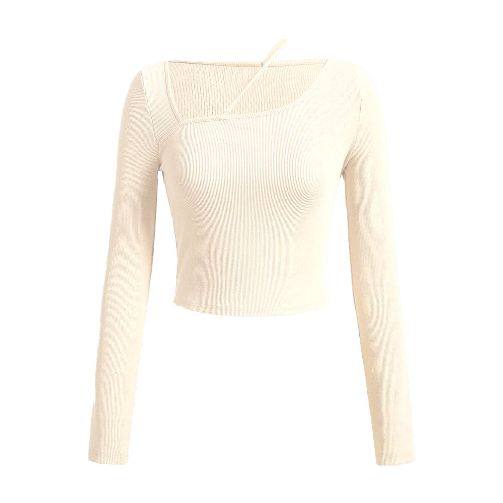 Damen Langarm Crop-Shirt Asymmetrischer Ausschnitt Rippstruktur
