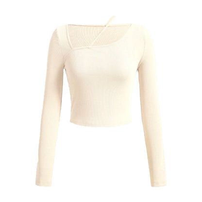 Damen Langarm Crop-Shirt Asymmetrischer Ausschnitt Rippstruktur