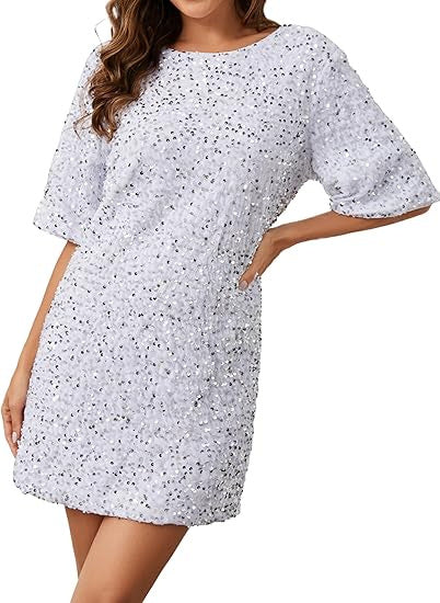 Damen Pailletten-Kleid Lockere Ärmel Rundhalsausschnitt