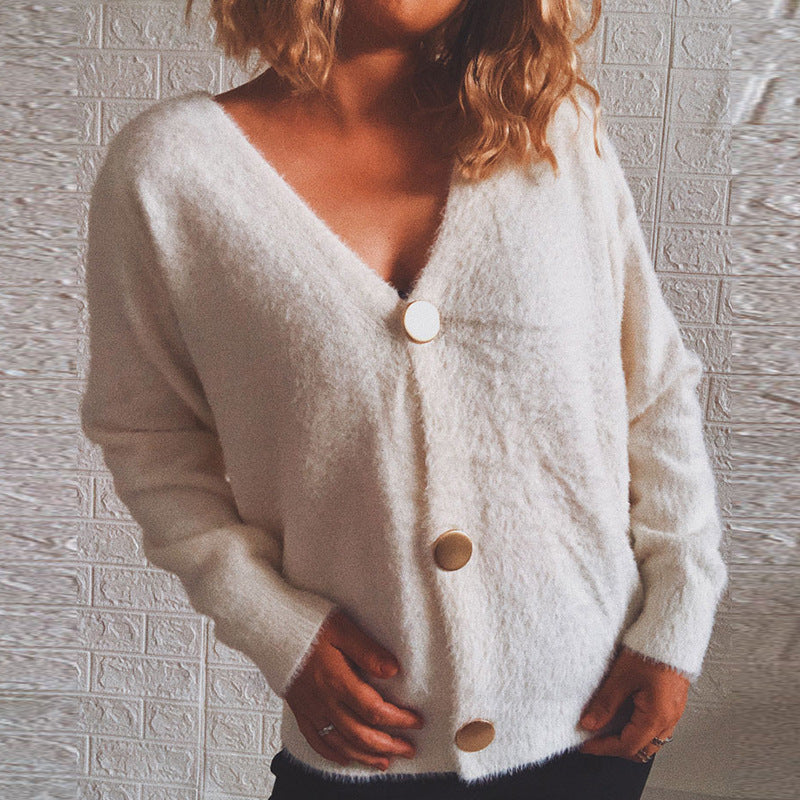 Damen Oversize Strickjacke Große Knöpfe Kuschelig Beige