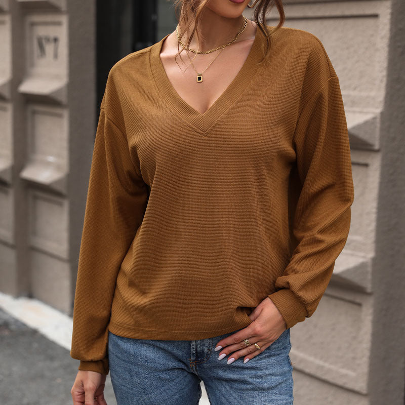 Damen Pullover V-Ausschnitt Waffelstrick Eveloria