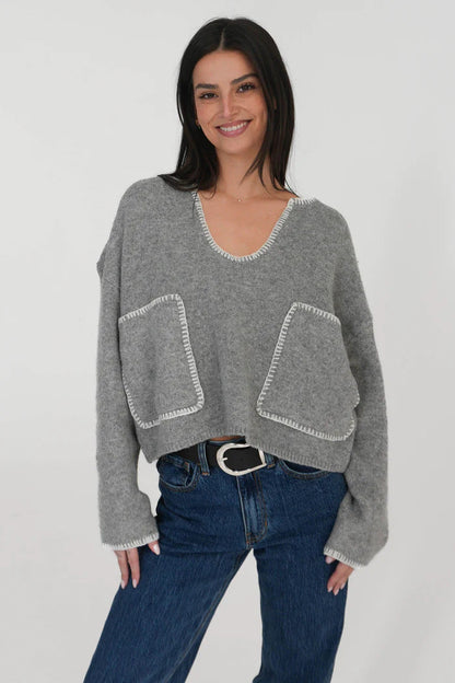 Damen Cropped Pullover Asymmetrisch mit Taschen Eveloria