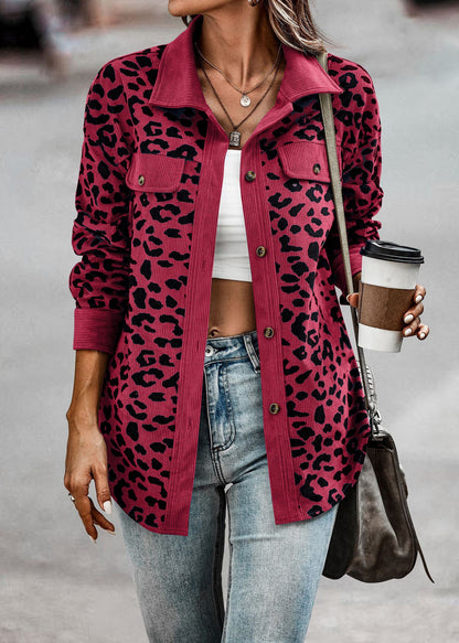 Damen Kordjacke Leo-Print Brusttaschen Eveloria