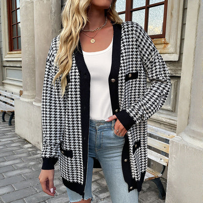 Damen Strickcardigan Hahnentritt-Muster Große Knöpfe Lang - Eveloria