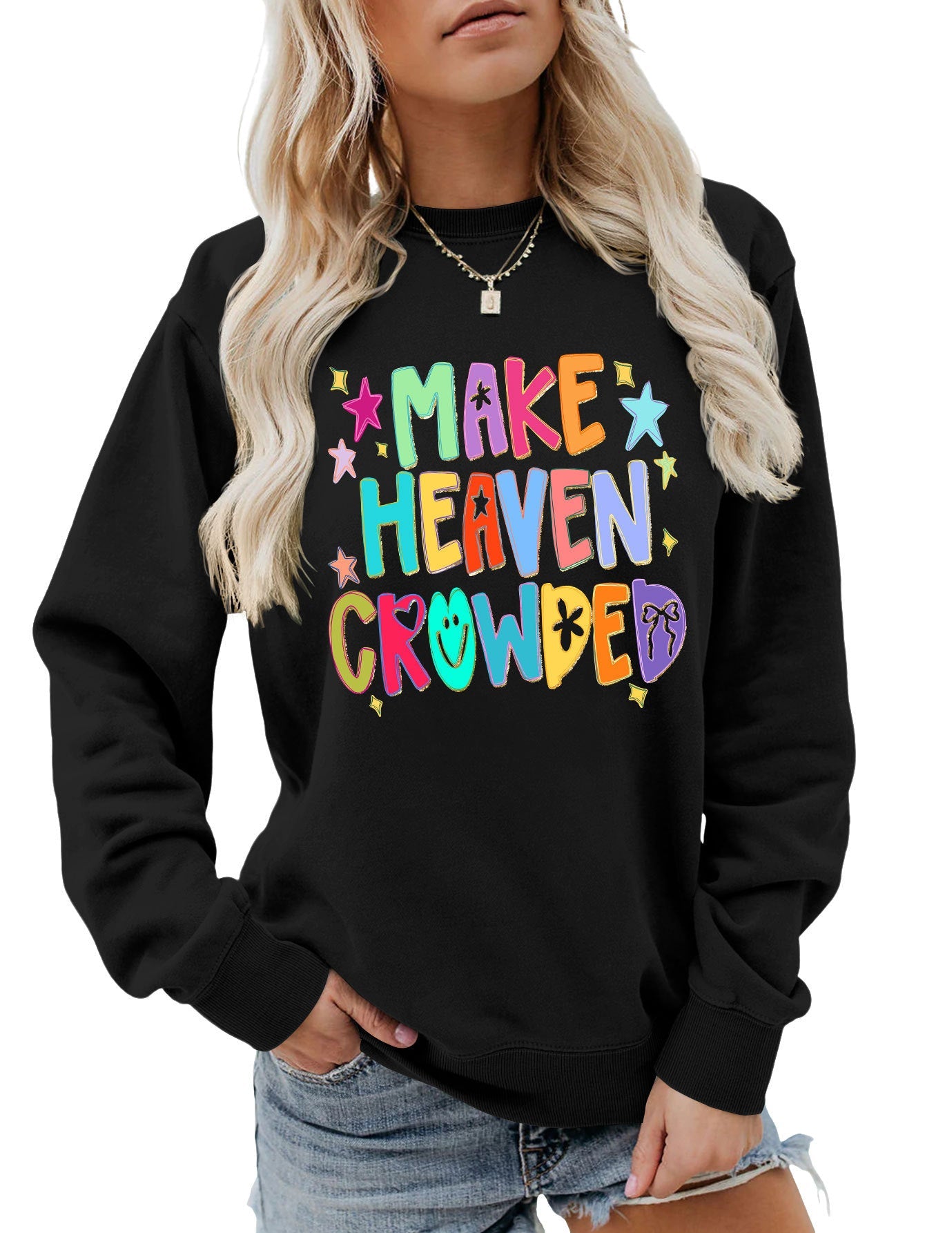 Damen Sweatshirt Bunt Motiv Verspielter Schriftzug