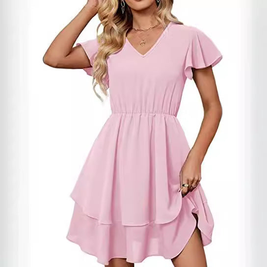 Damen Freizeitkleid Fließender Rock Rüschenärmel Eveloria