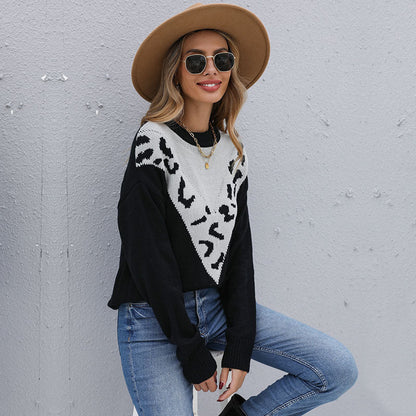 Damen Strickpullover Kontrastmuster Tiermuster Eveloria