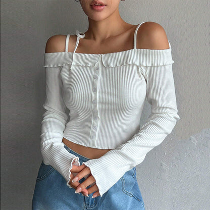 Damen Cropped Off-Shoulder Rüschendetails