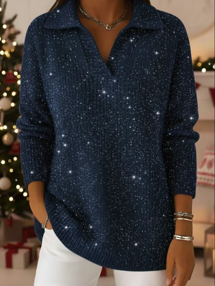 Damen Strickpullover Schimmer Effekt Moderner Kragen Eveloria