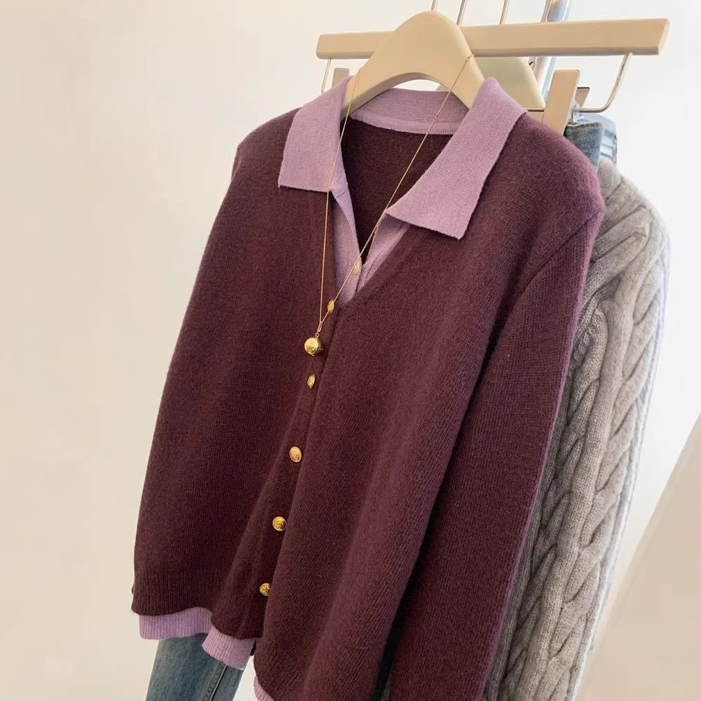 Damen Strickjacke Elegant Kragen Große Knöpfe Beige