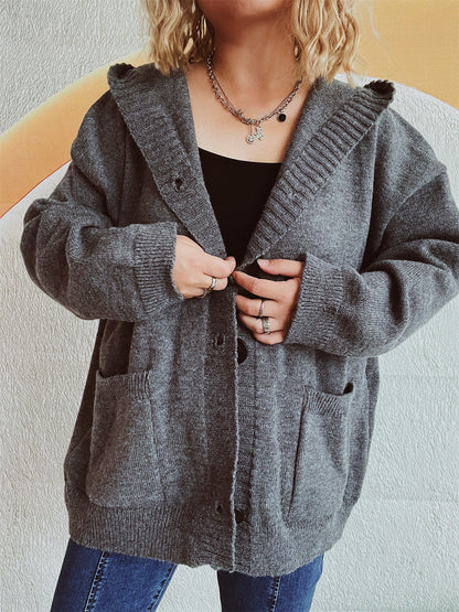 Damen Strickjacke Kapuze Aufgesetzte Taschen Kuschelig Grau Eveloria