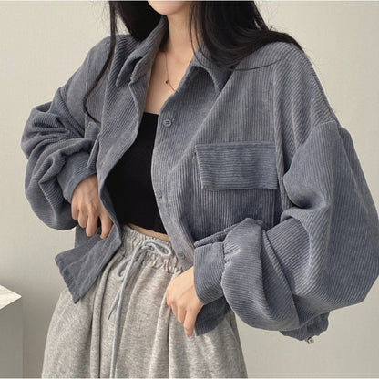 Damen Cordjacke Weich Puffärmel