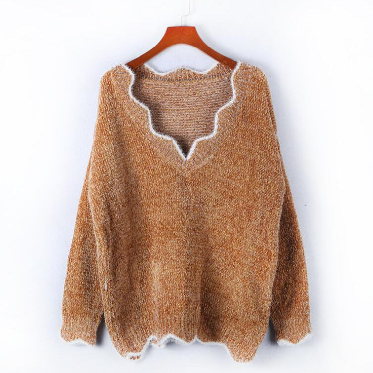 Damen Strickpulli V-Ausschnitt Weich Welliger Saum Beige