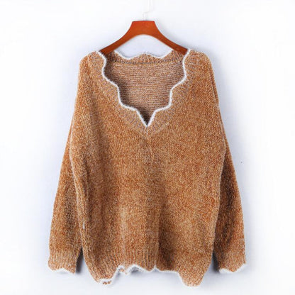 Damen Strickpulli V-Ausschnitt Weich Welliger Saum Beige