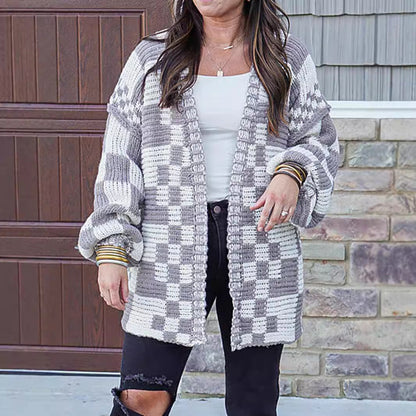 Damen Strickjacke Karomuster Weite Ärmel Beige Eveloria