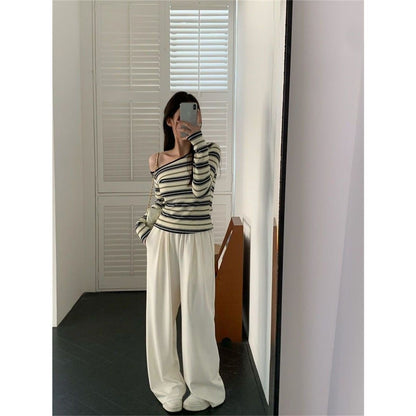 Damen Off-Shoulder Langarmshirt Maritimes Streifenmuster Weiß
