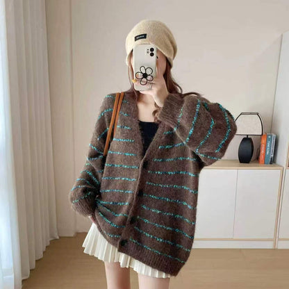 Damen Grobstrickcardigan Kontraststreifen Weich Ärmel