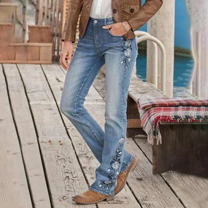 Eveloria Damen Mittel Taille Jeans Flamingo Bestickt