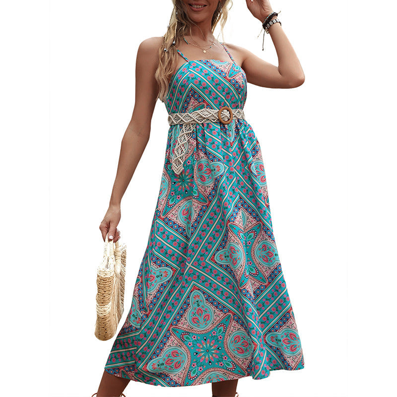 Damen Maxikleid Boho-Muster Spaghetti-Träger Eveloria