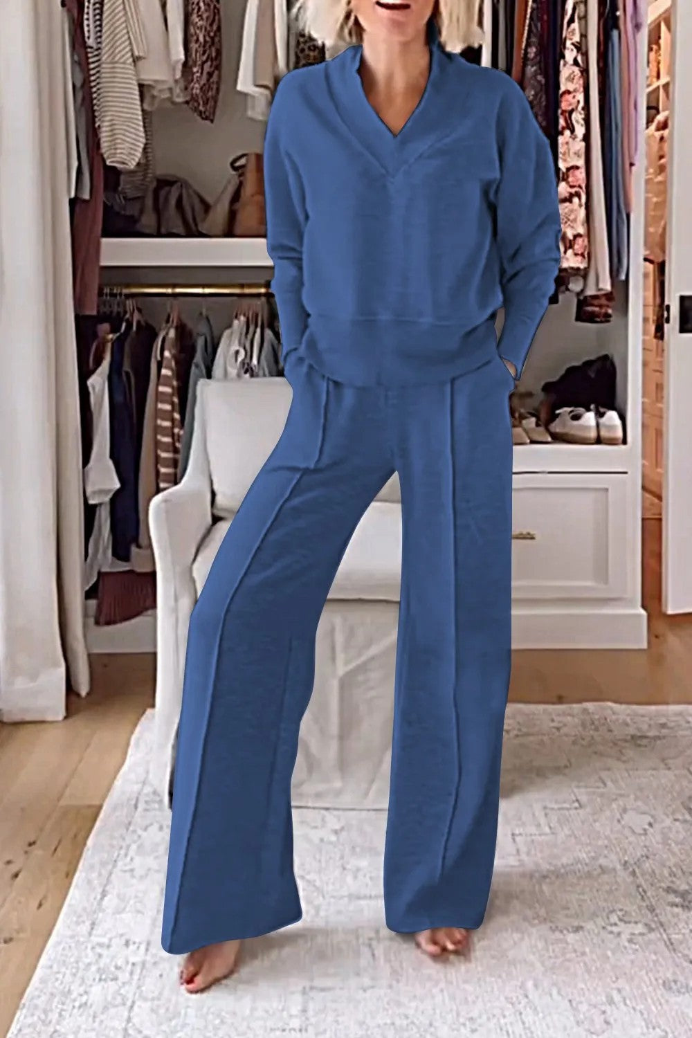 Damen Loungewear-Set V-Ausschnitt Weite Passform Eveloria