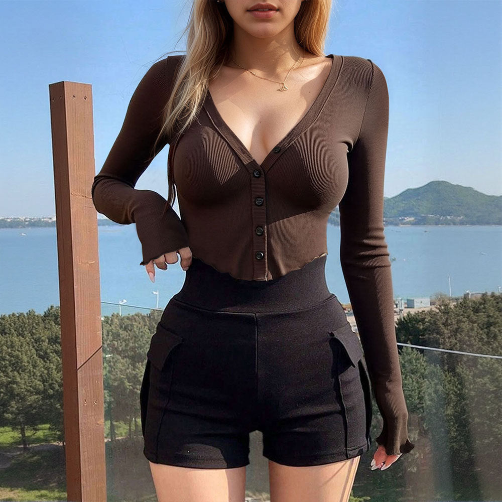 Damen Crop- Langarm V-Ausschnitt Knopfdetail