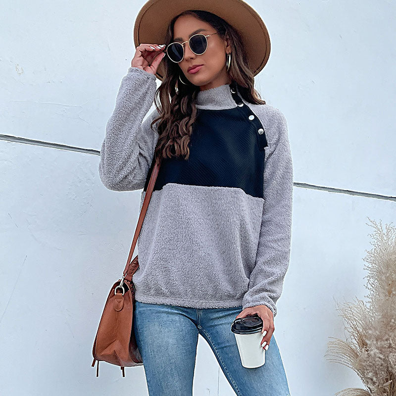 Damen Stehkragenpullover Strukturiertes Design Knopfdetail Eveloria - Eveloria