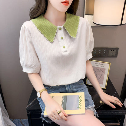 Damen Bluse Kurzarm Eleganter Kragen Dekorative Knöpfe