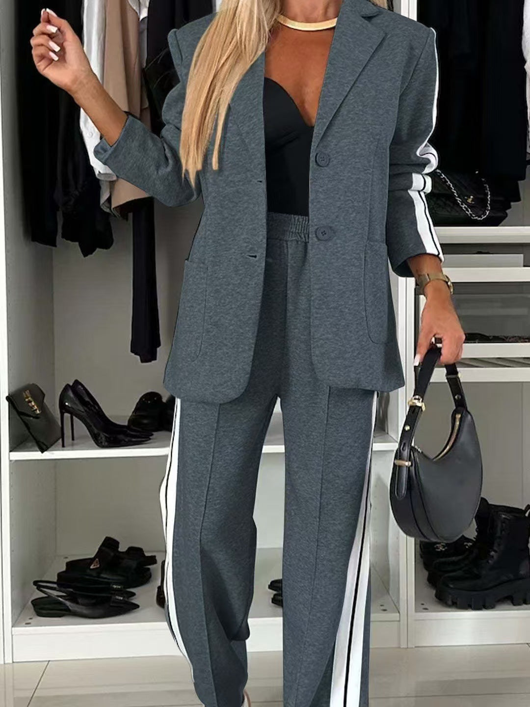 Damen Blazer-Anzug Sportlich Streifen Eveloria