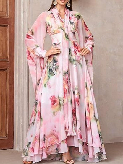 Damen Maxikleid Florales Design Volants Elegantes Langkleid