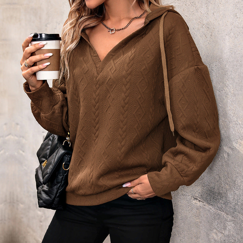 Damen Hoodie Strukturiertes Muster V-Ausschnitt Bequem Grau Eveloria