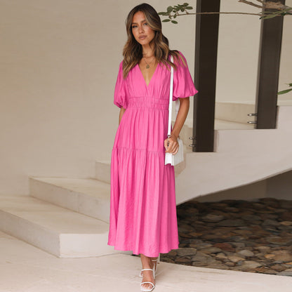 Damen Maxikleid V-Ausschnitt Puffärmel Eveloria