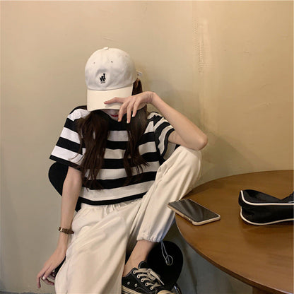 Damen T-Shirt Streifenmuster Lässig Cropped Baumwolle Weiß