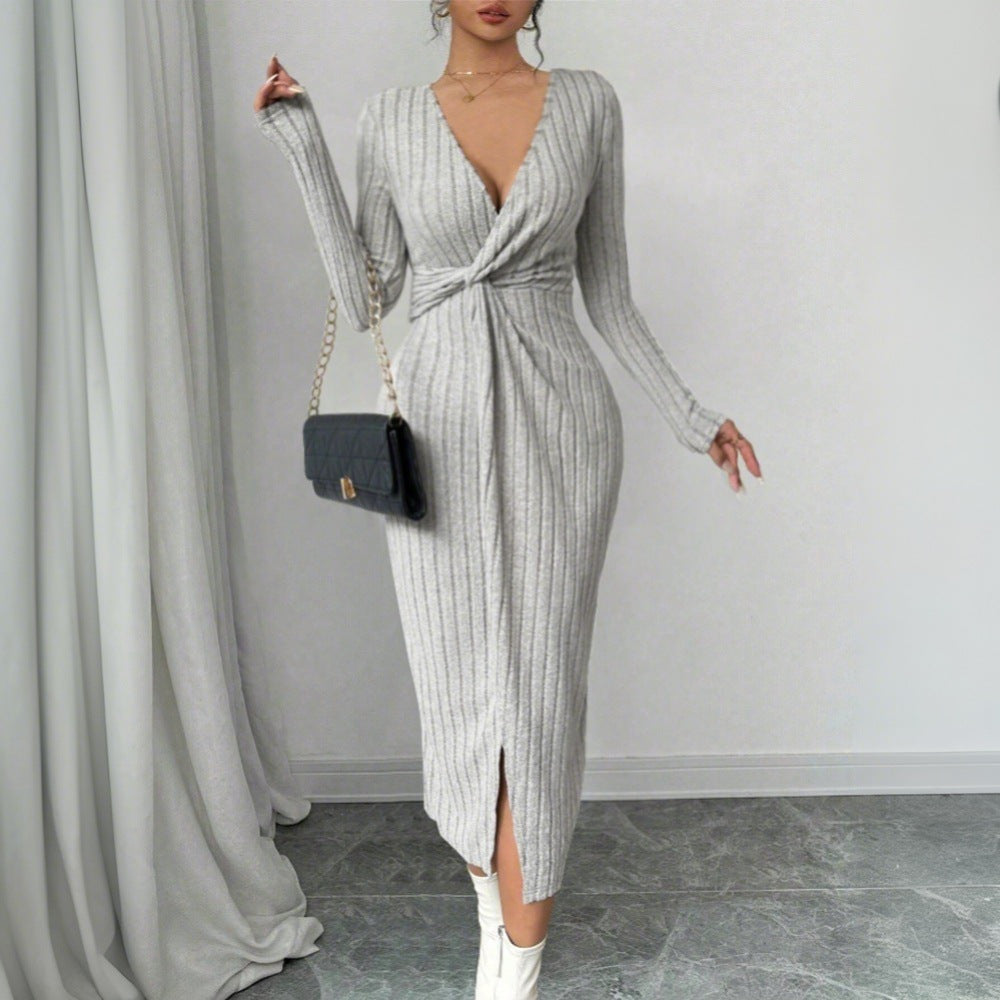 Damen Midi-Kleid Figurbetont Twist-Detail Seitenschlitz Eveloria