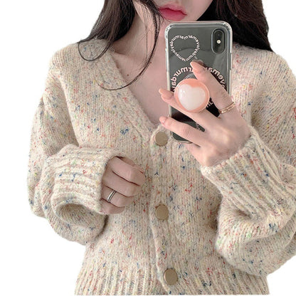 Damen Cardigan Grobstrick V-Ausschnitt Knöpfe Beige